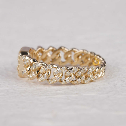 Bold Chain Link Diamond Ring 14K Gold With Halo Square Center