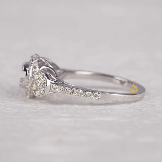 Cluster Round And Baguette Diamond Ring In 18K White Gold