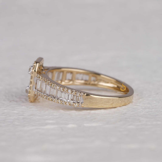 Art Deco Inspired Baguette And Round Cut Diamond Halo Ring