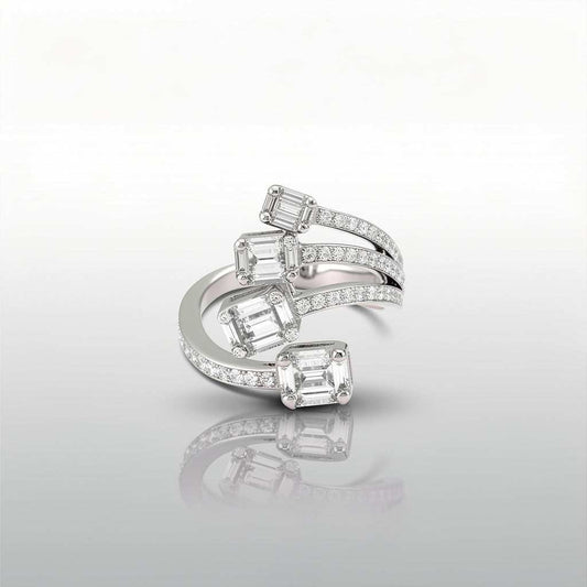 Baguette Diamond Four-Cluster Bypass Ring | 18K Gold
