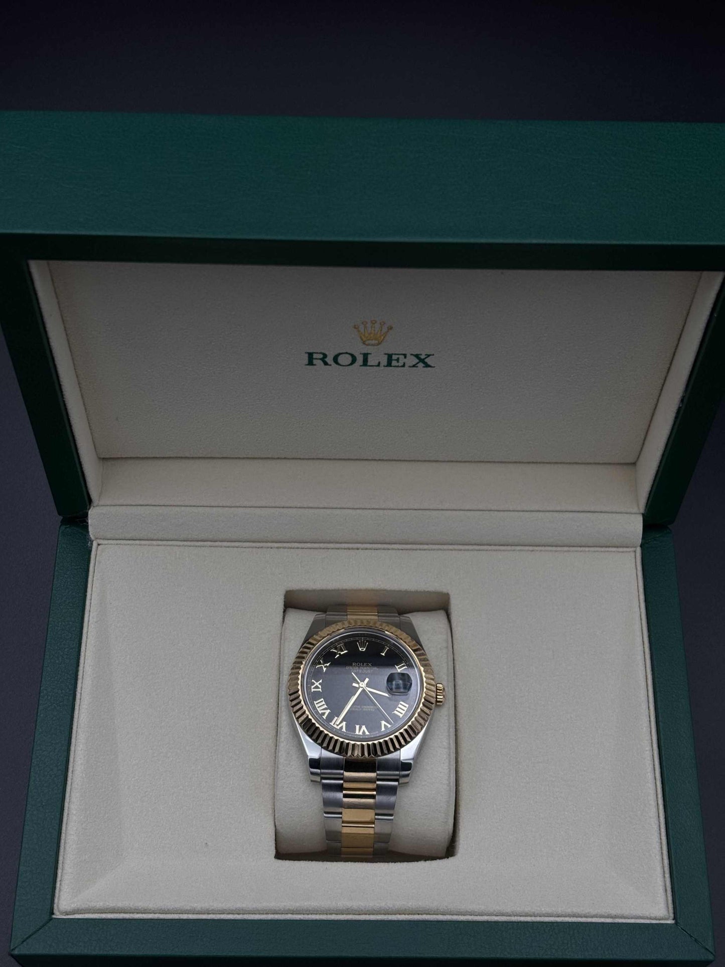 Rolex Datejust II 41mm 116333 Two-Tone Black Roman Dial Fluted Oyster — Pre-Owned