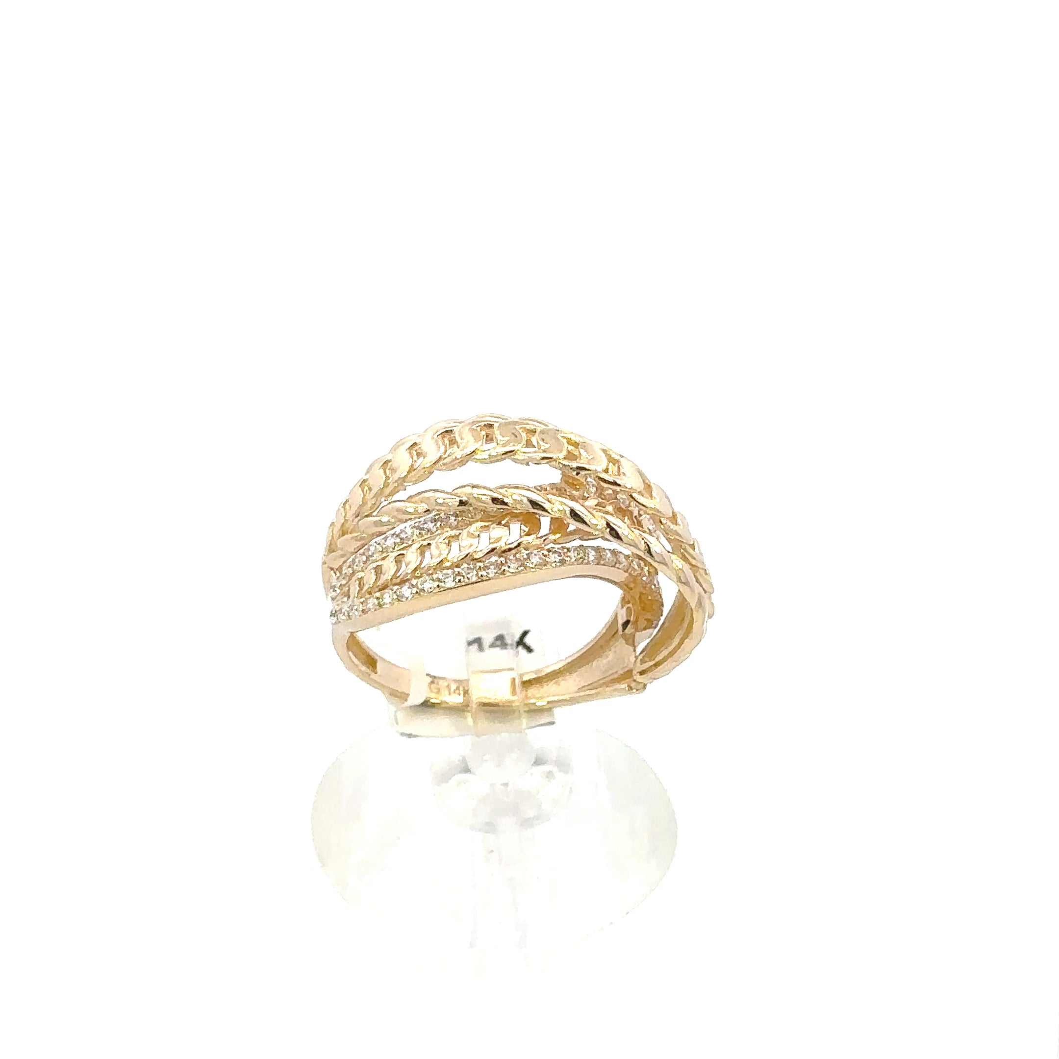 14K GOLD CZ ROPE TWISTED CROSSOVER RING