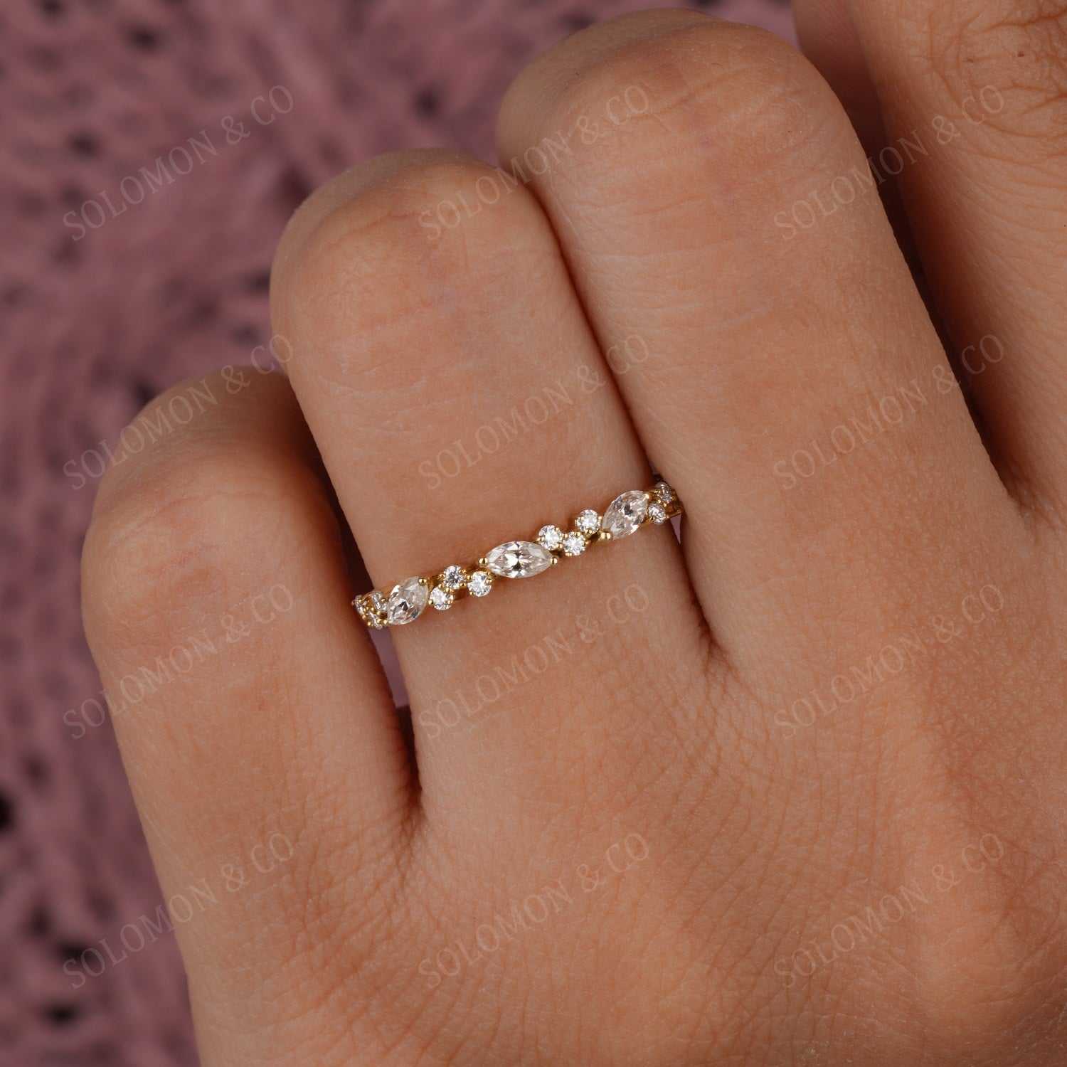 Cluster Marquise And Round Moissanite Prong Set Wedding Band Fifth