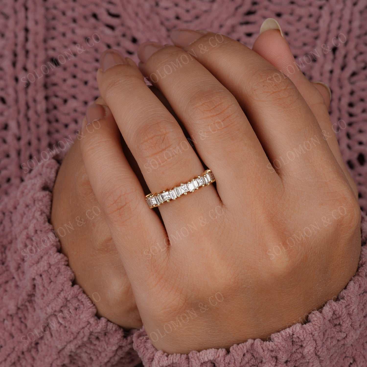 Single Prong Baguette And Princess Moissanite Eternity Band