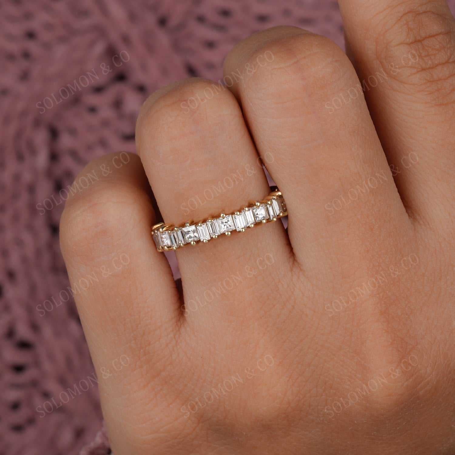 Single Prong Baguette And Princess Moissanite Eternity Band