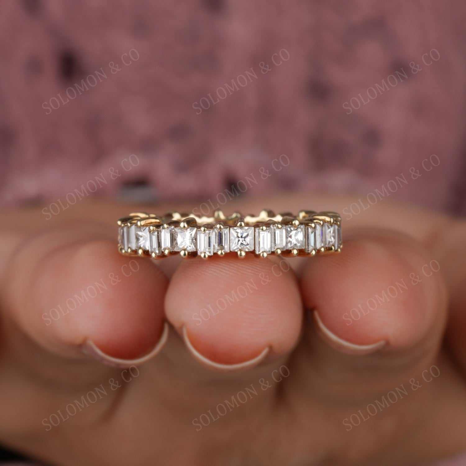 Single Prong Baguette And Princess Moissanite Eternity Band