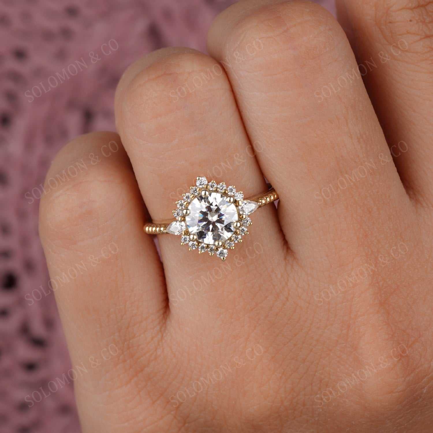 Vintage Art Deco Round & Pear Shape Moissanite Engagement Ring