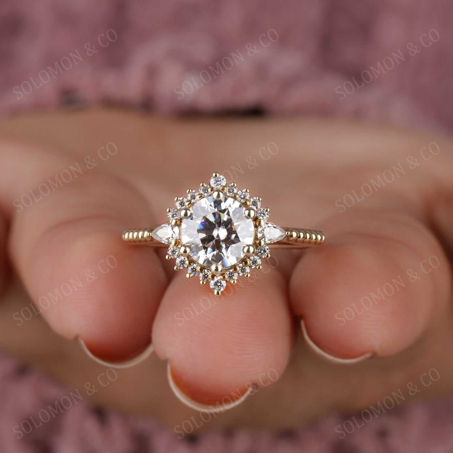 Vintage Art Deco Round and Pear Shape Moissanite Engagement Ring Forth