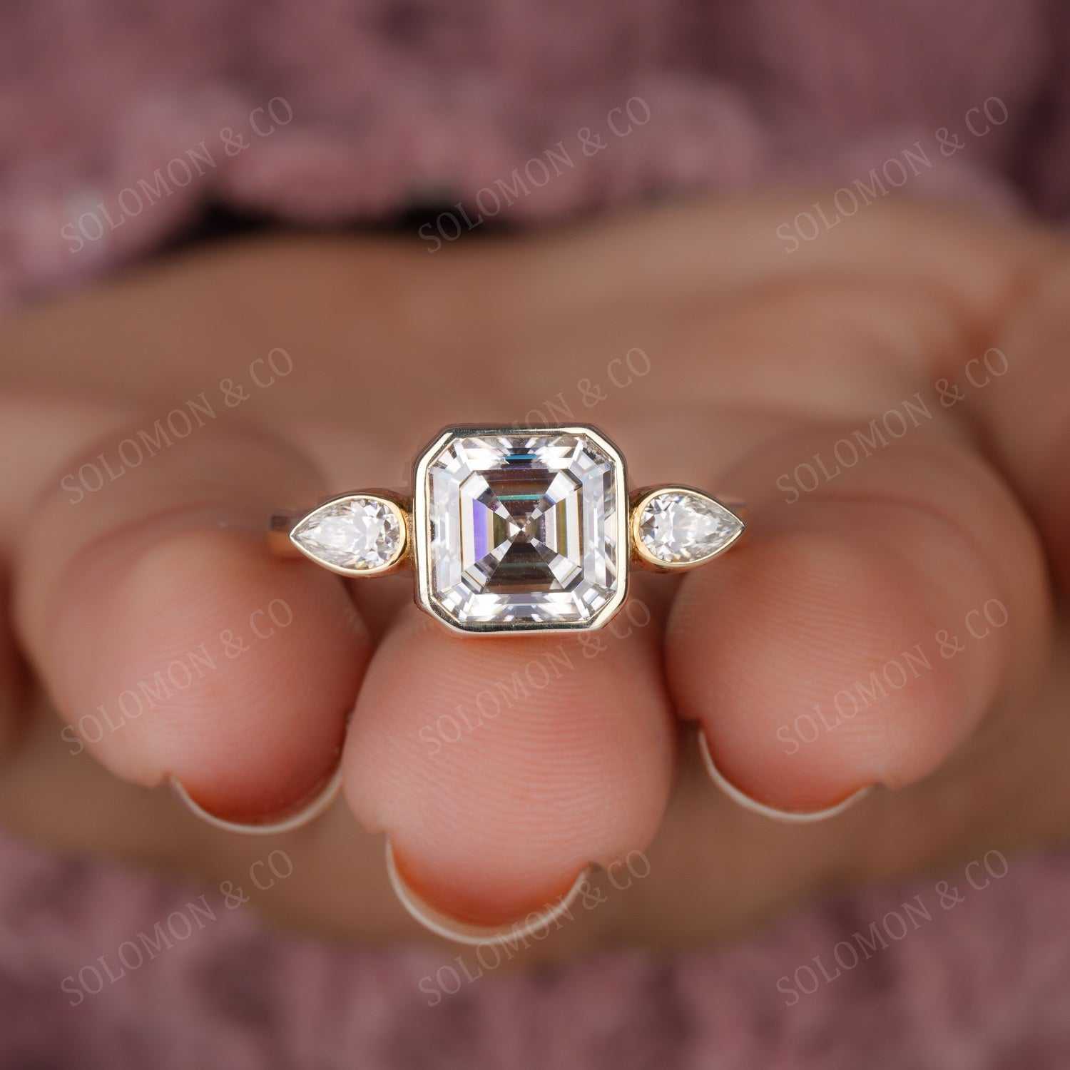 Three Stone Bezel Set Asscher and Pear Shape Moissanite Ring Eight