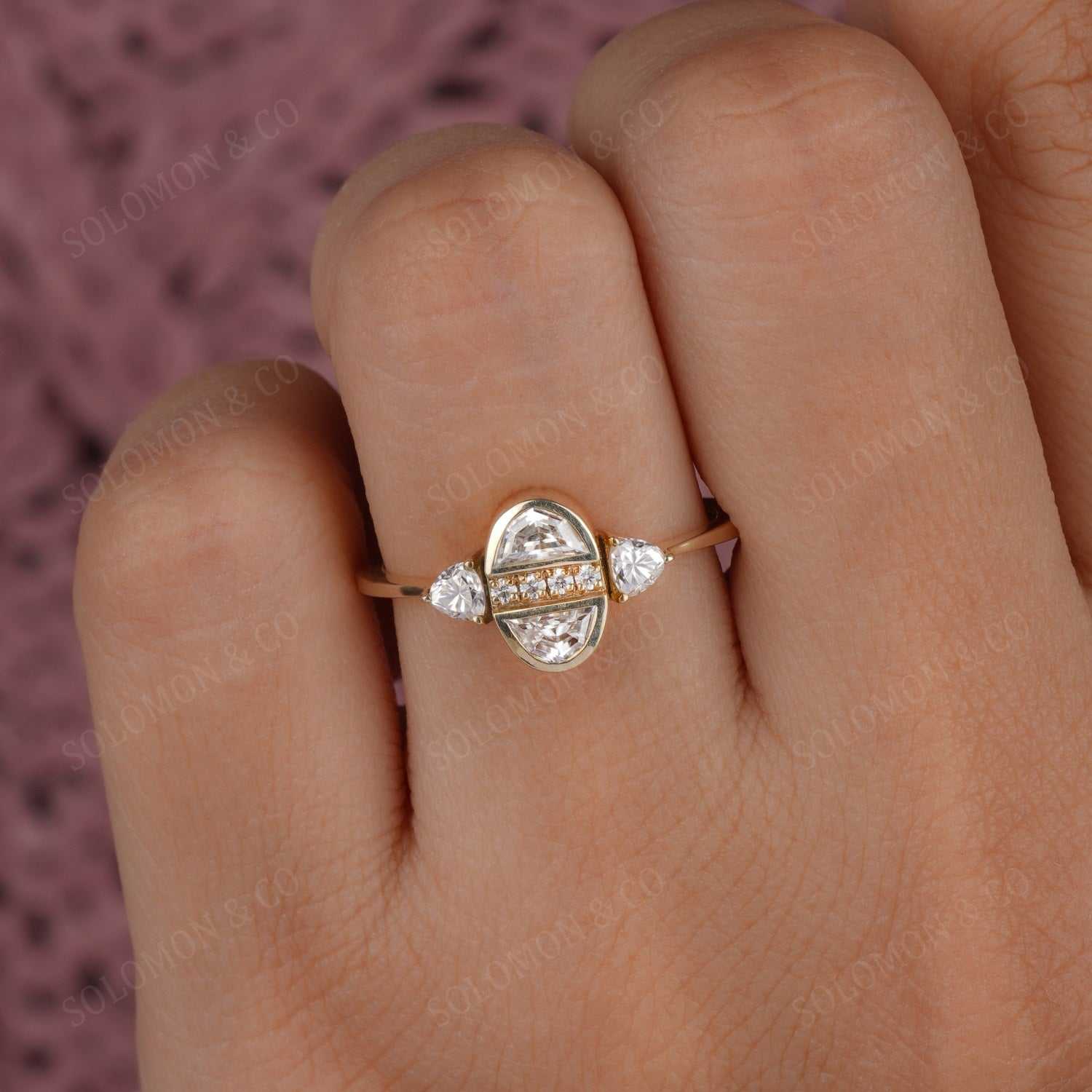 Vintage Oval Shaped Half Moon And Round Cut Moissanite Ring Seven