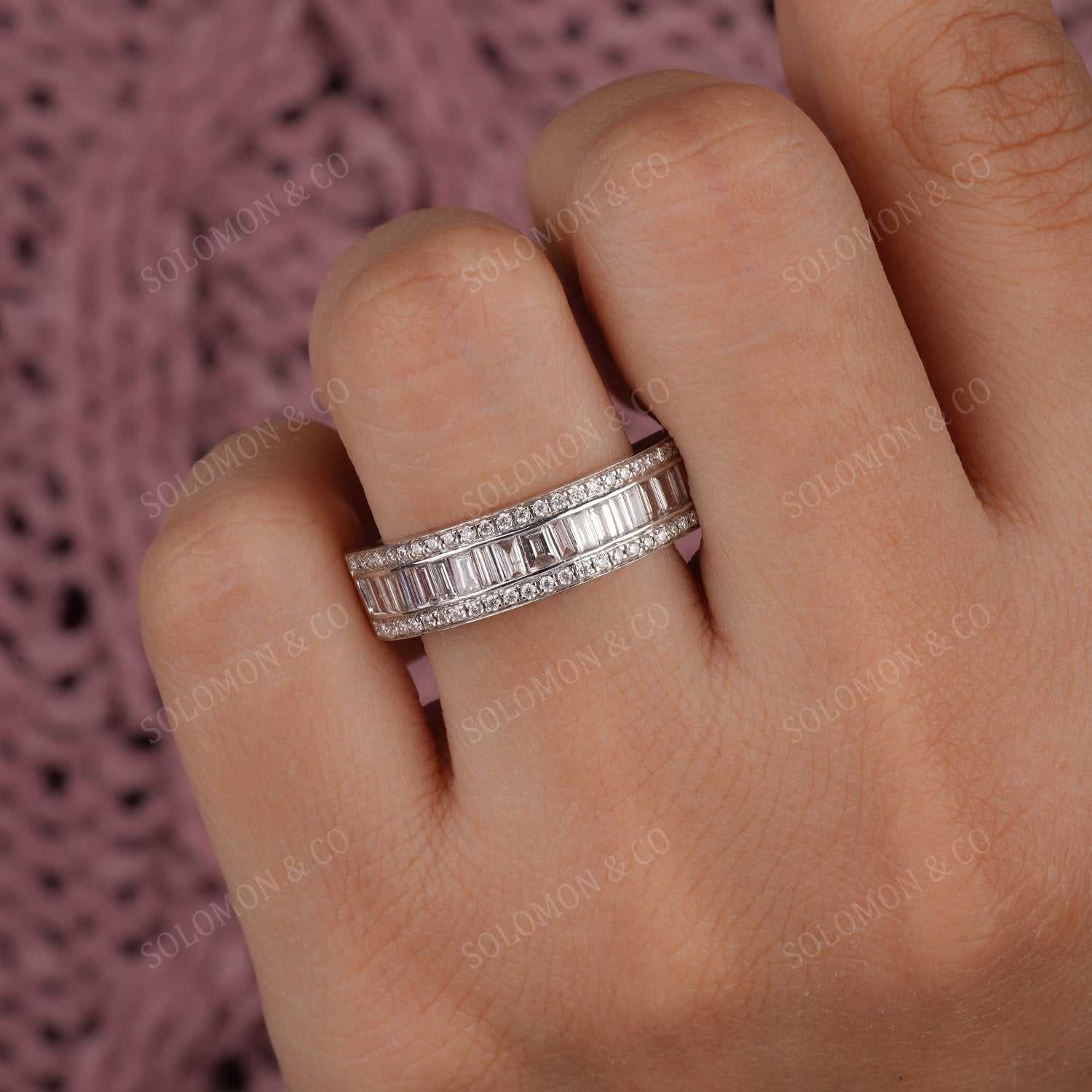 Channel Set Baguette And Round Moissanite Half Eternity Band Six