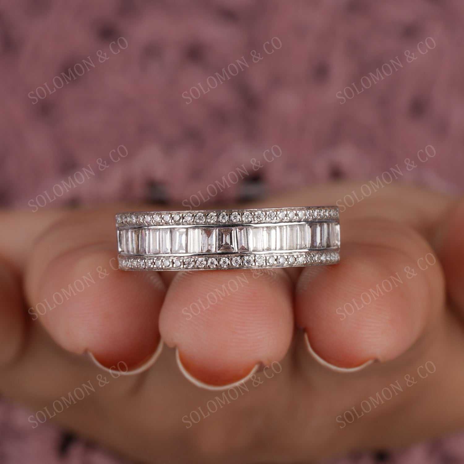 Channel Set Baguette And Round Moissanite Half Eternity Band Seven