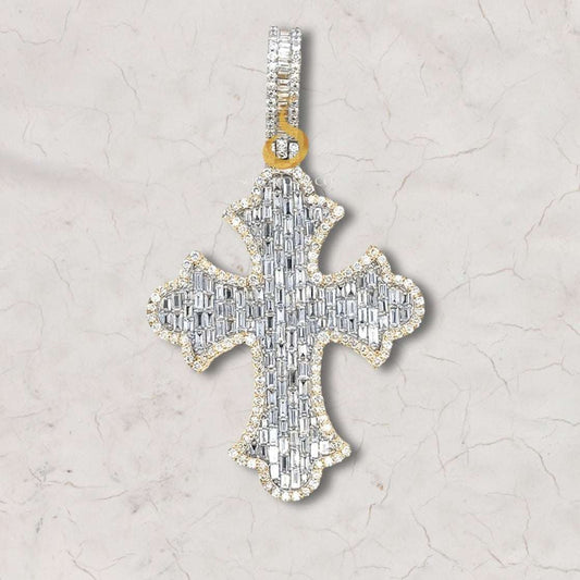 Baguette and Round Diamond Iced Out Cross Pendant First