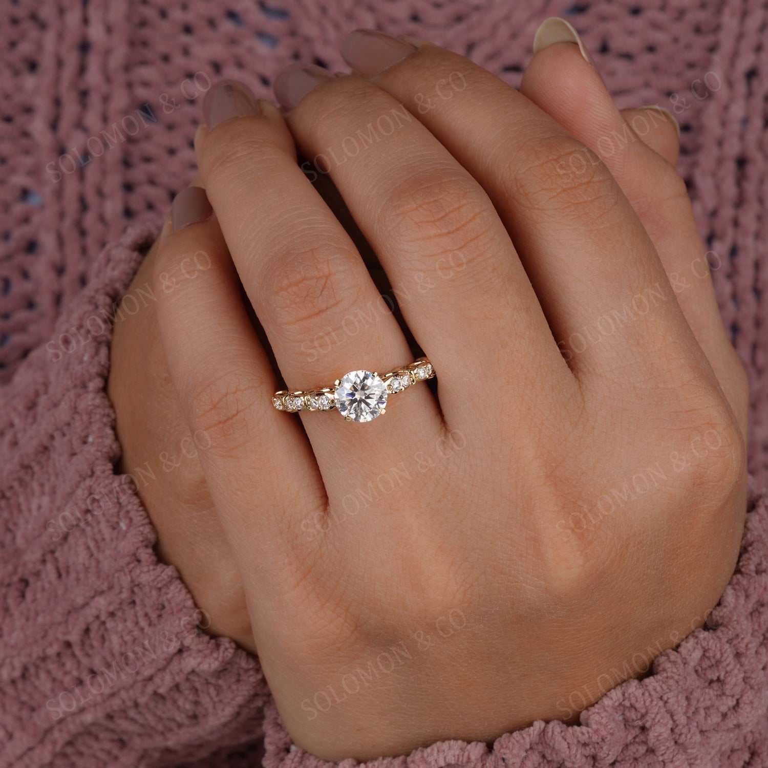 Classic Round Cut Prong Setting With Diamond-Accented Ring