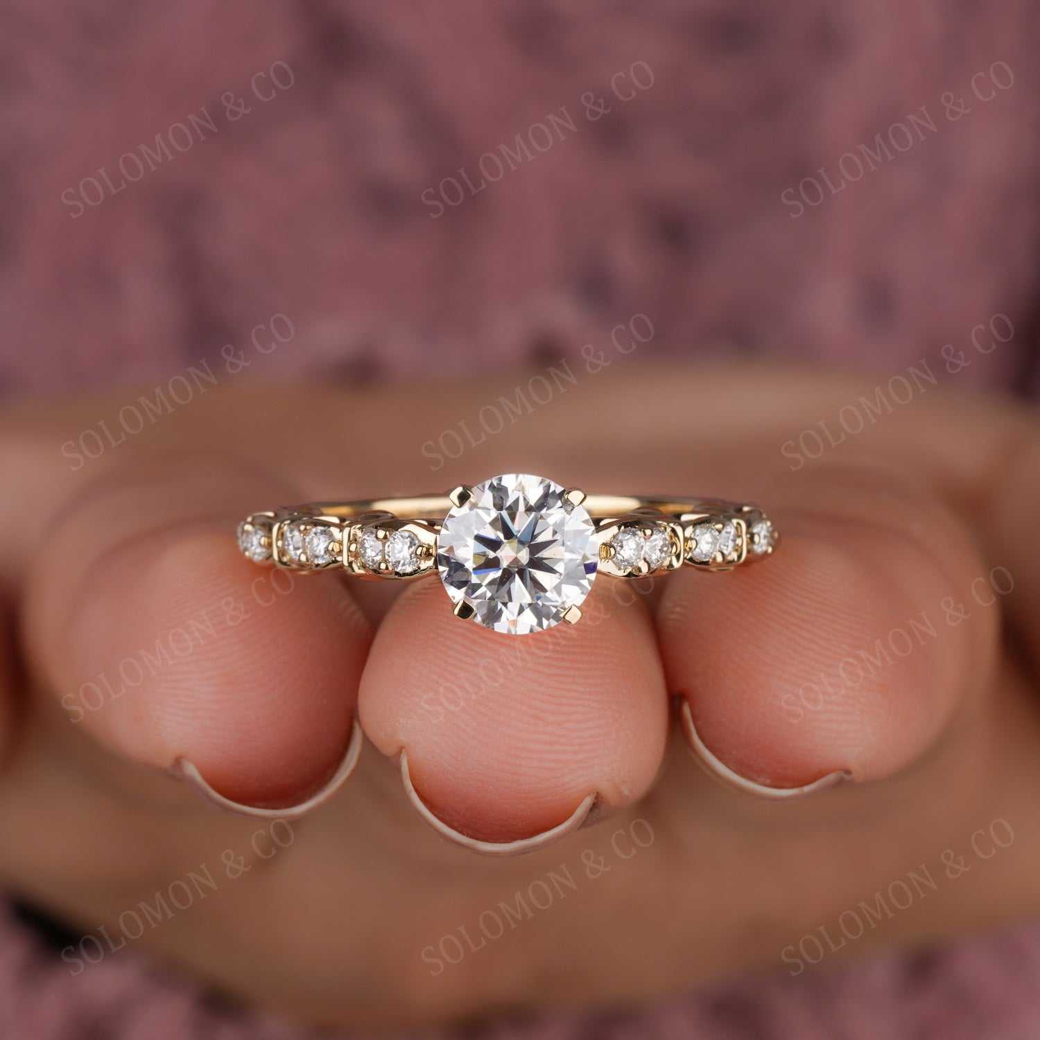 Classic Round Cut Prong Setting With Diamond-Accented Ring