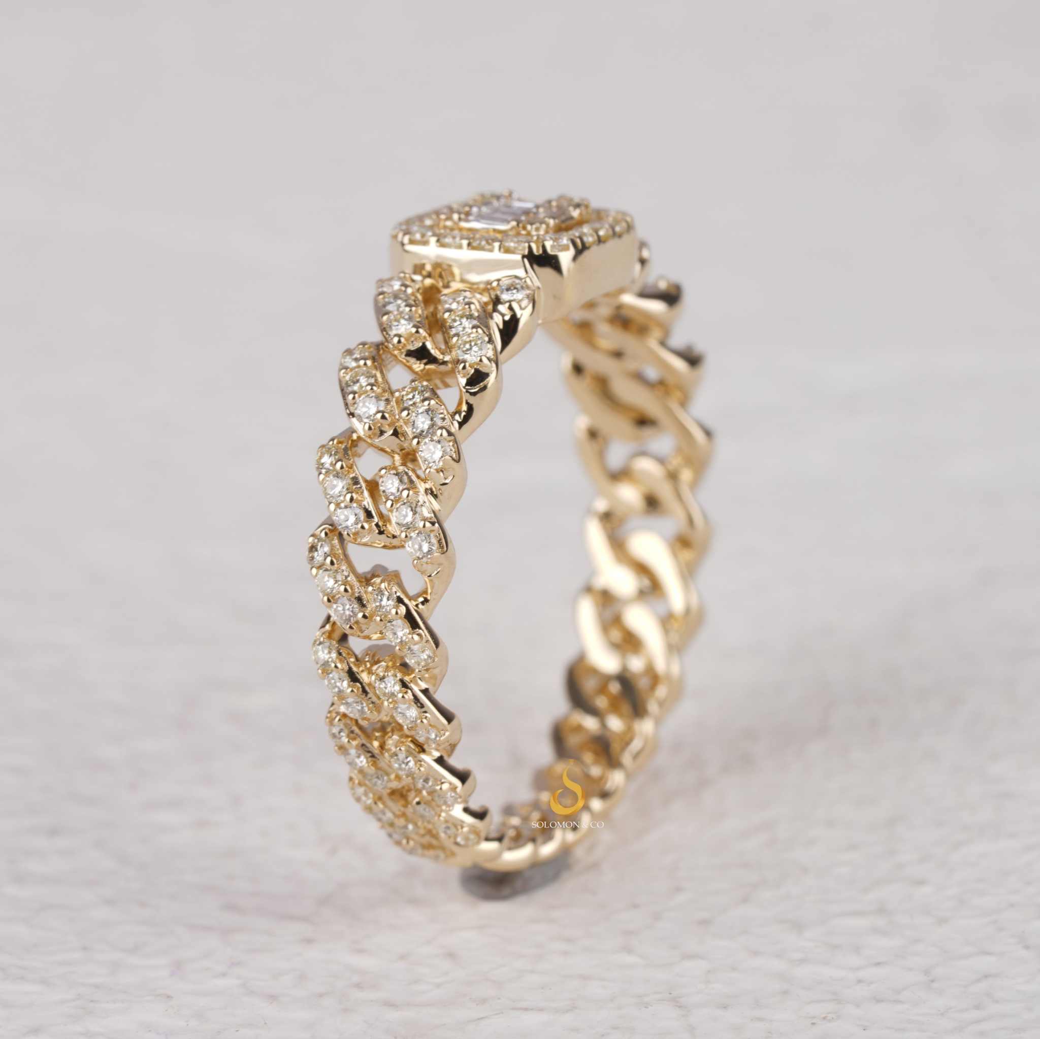 Bold Chain Link Diamond Ring 14K Gold With Halo Square Center