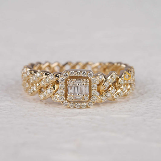 Bold Chain Link Diamond Ring 14K Gold With Halo Square Center