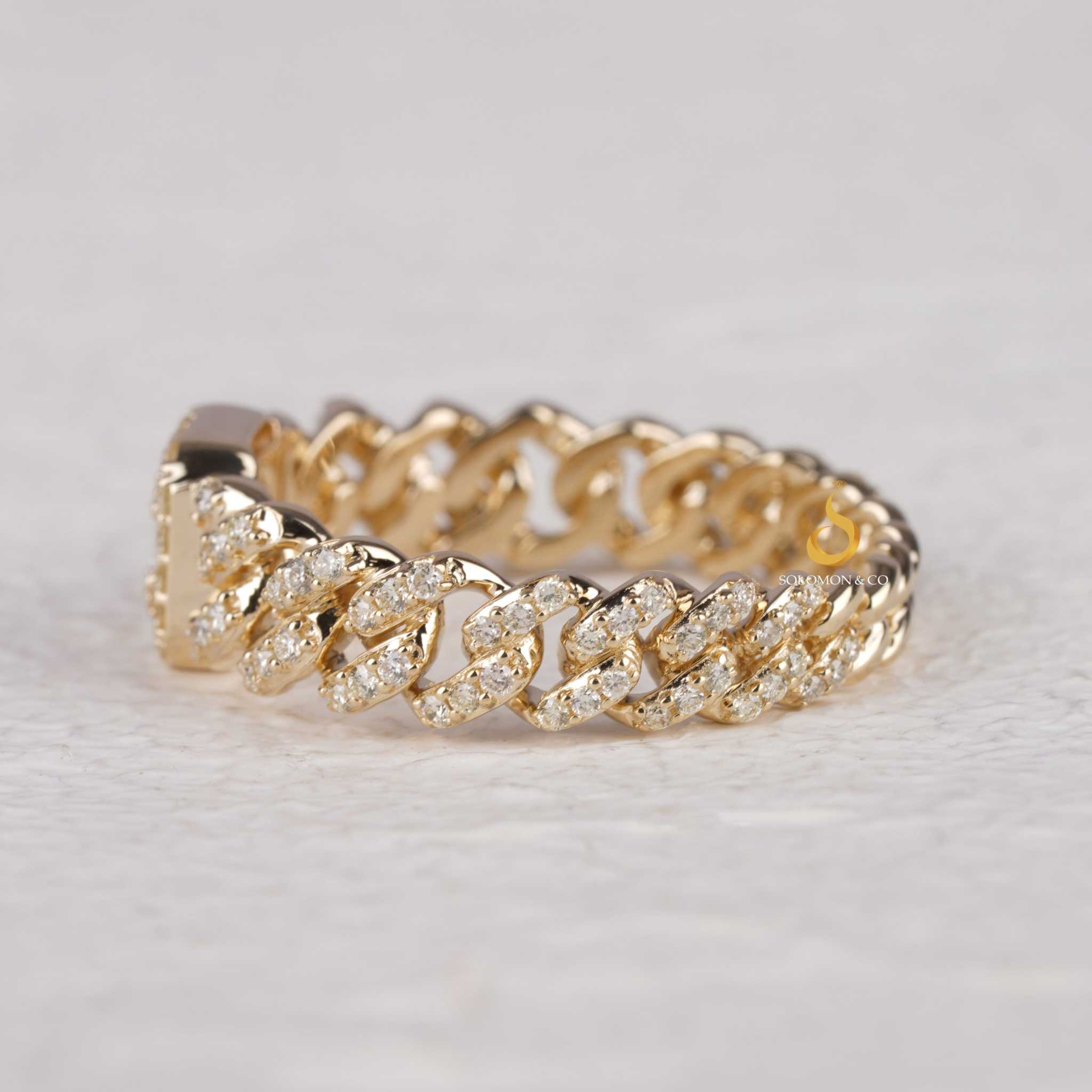 Bold Chain Link Diamond Ring 14K Gold With Halo Square Center