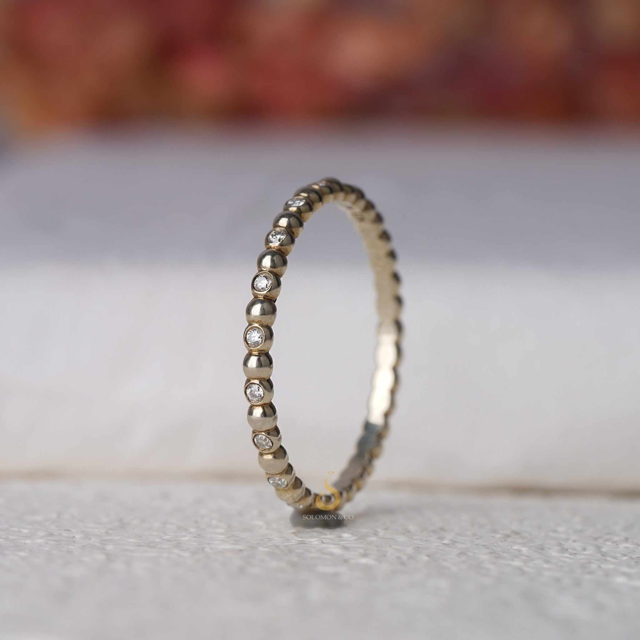 Bezel Round and Beaded Delicate Wedding Ring