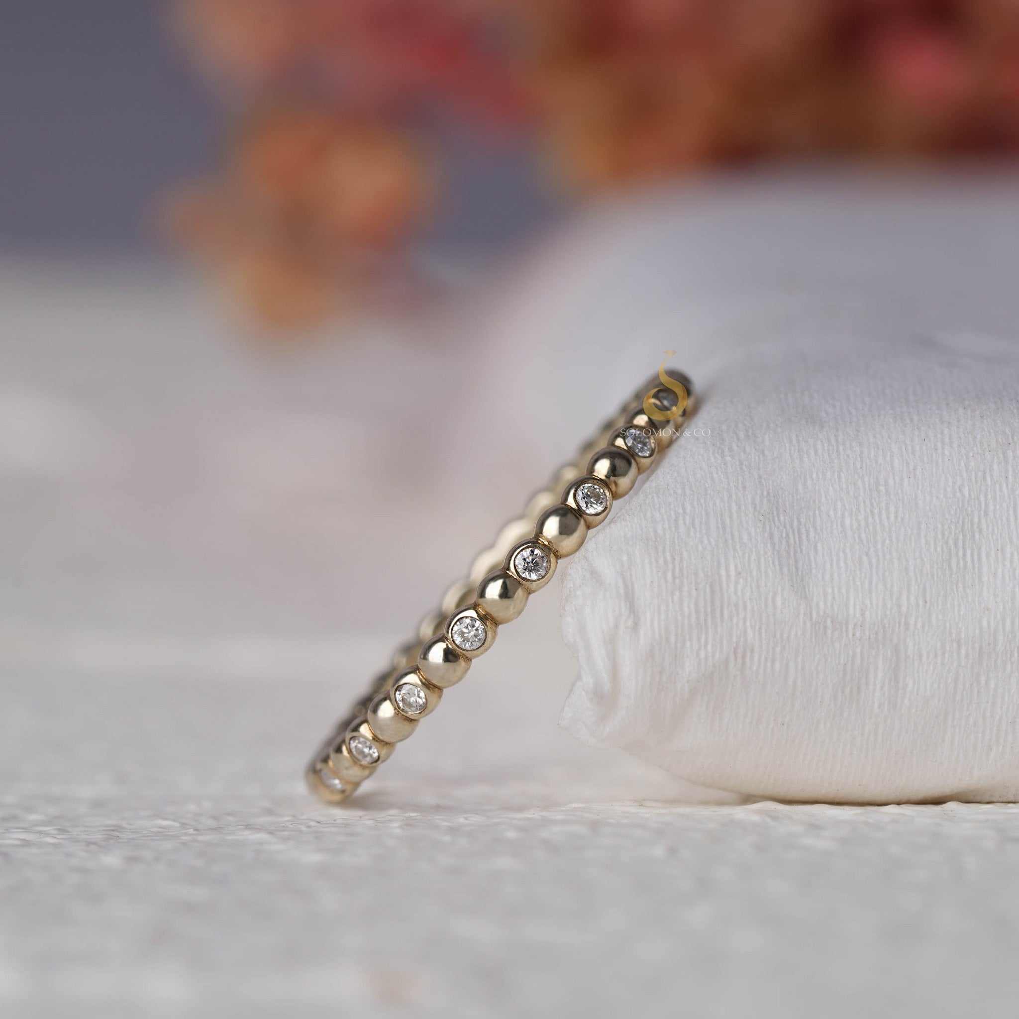 Bezel Round and Beaded Delicate Wedding Ring