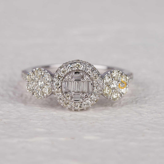 Cluster Round And Baguette Diamond Ring In 18K White Gold