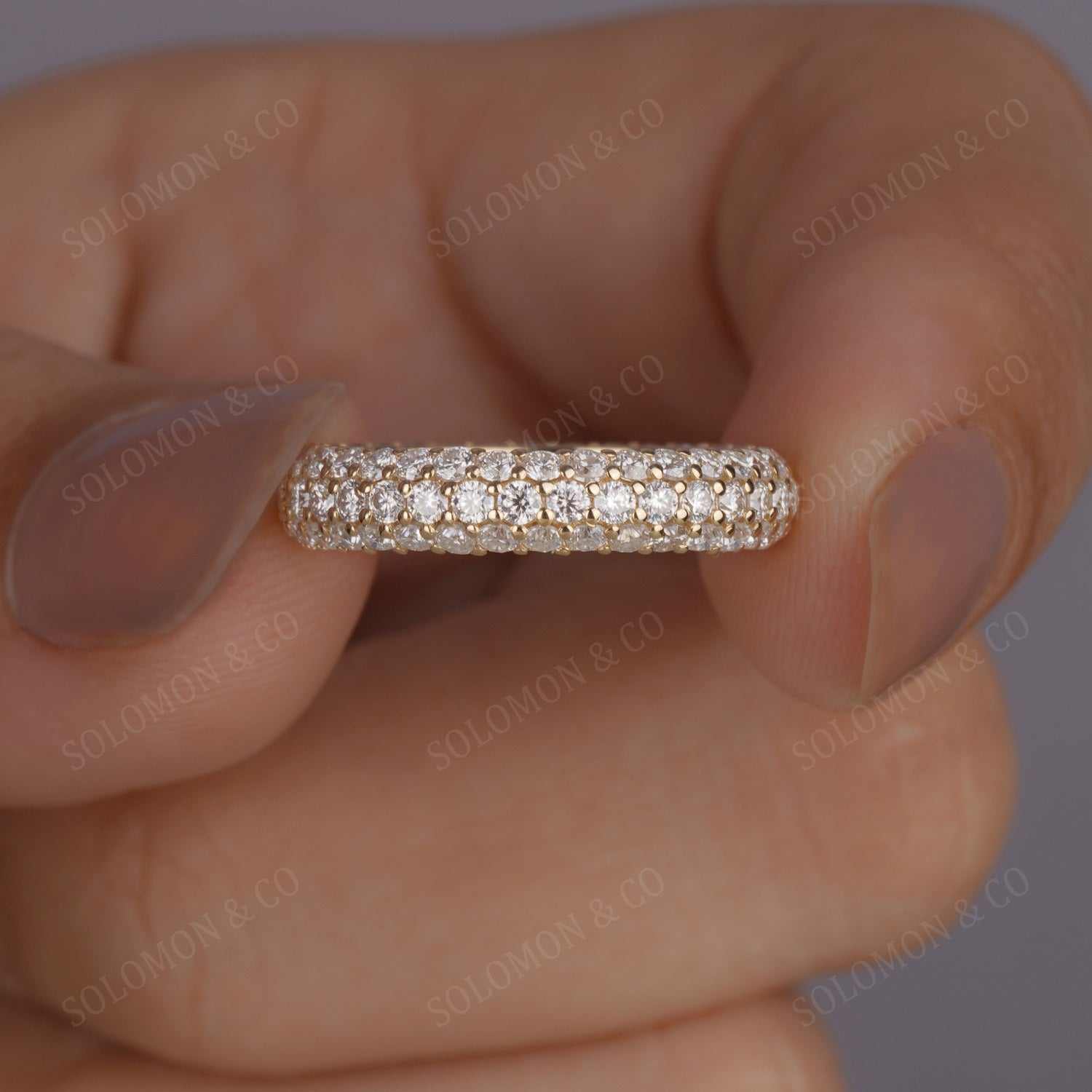 Pave Set Round Cut Three Row Moissanite Full Eternity Band Six