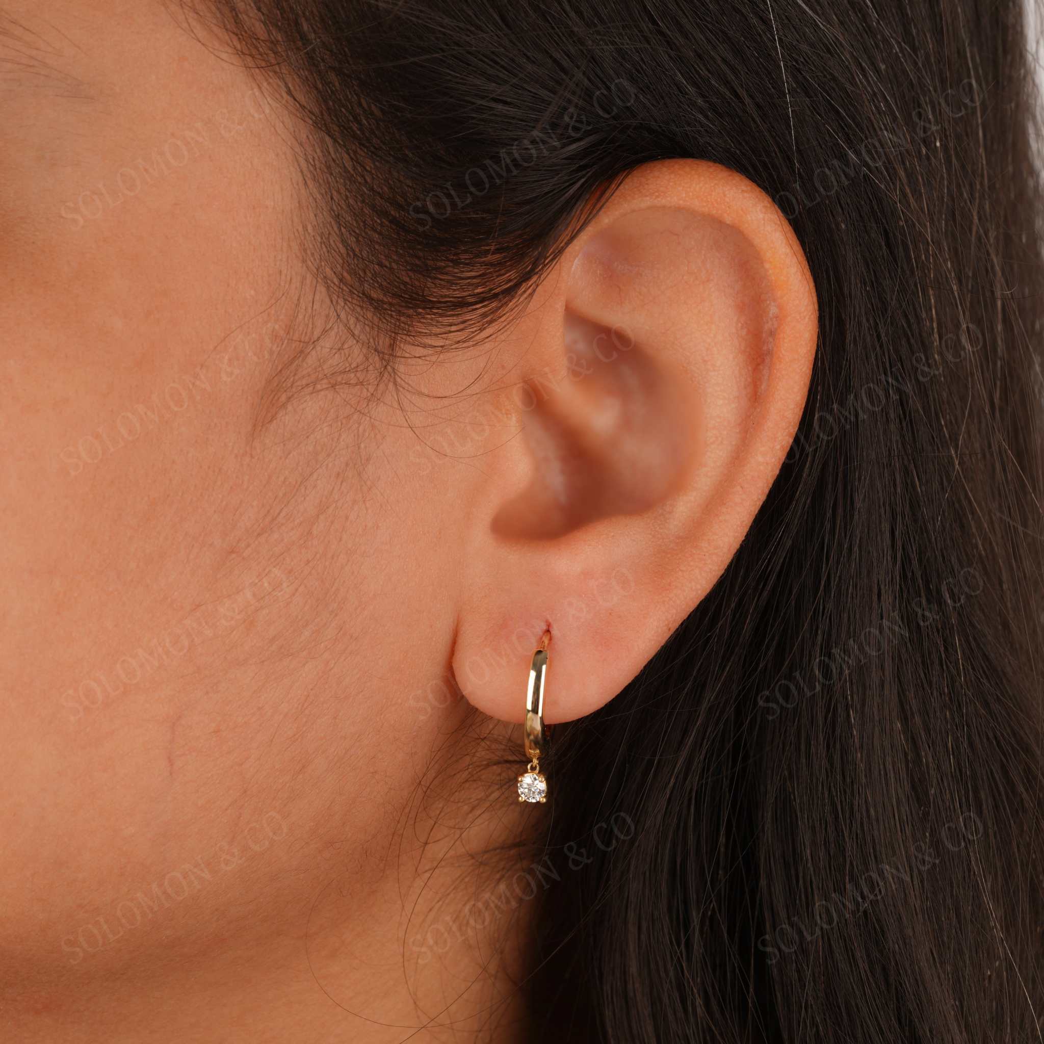 Huggie Hoop With Dangling Round Diamond Charm Earrings