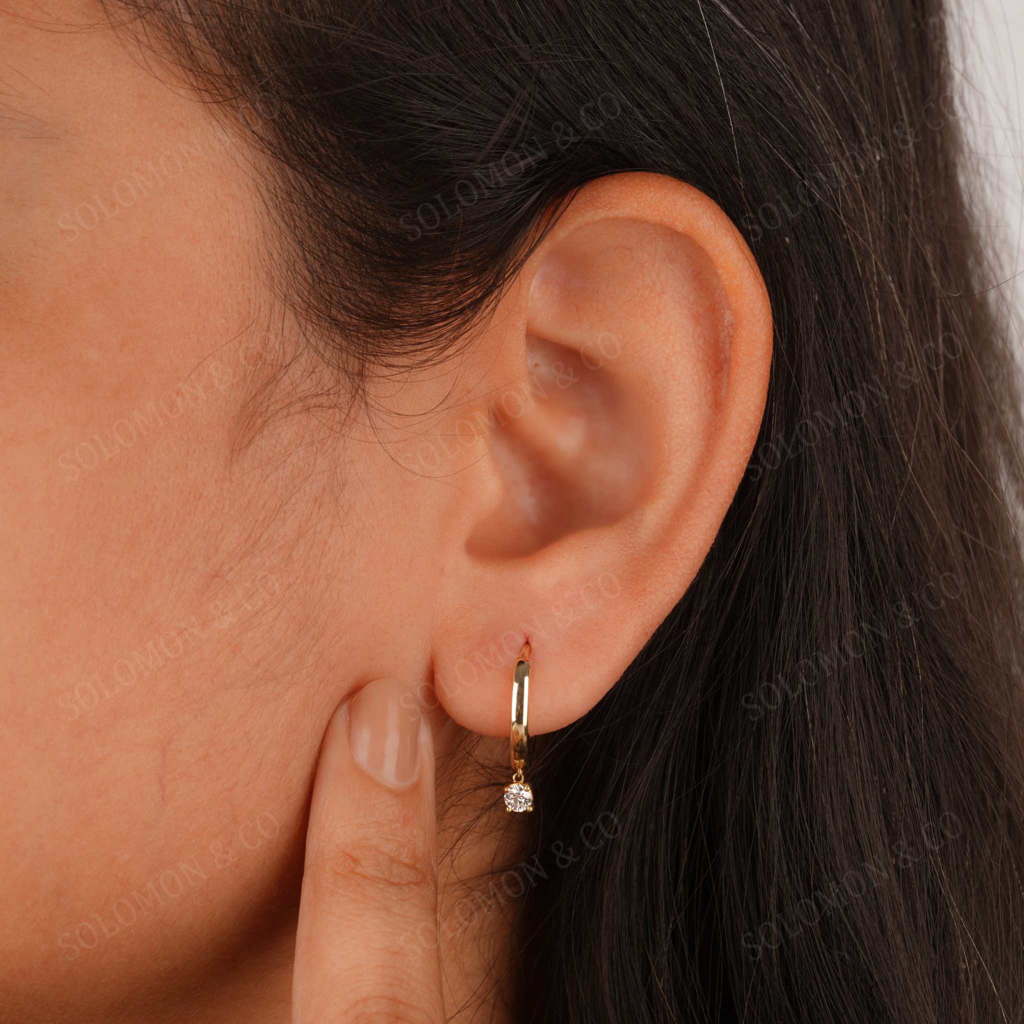 Huggie Hoop With Dangling Round Diamond Charm Earrings