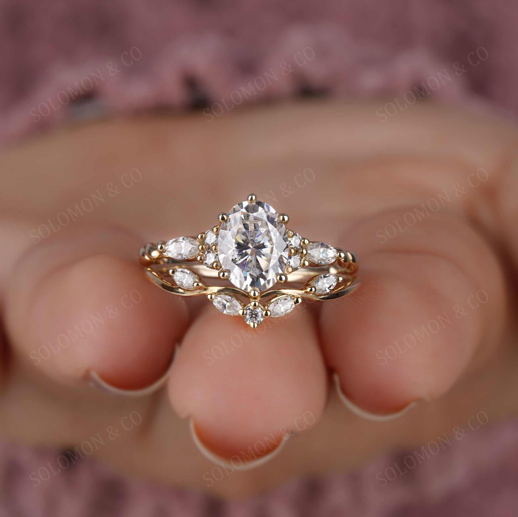 Vintage Inspired Oval Engagement Ring Set
