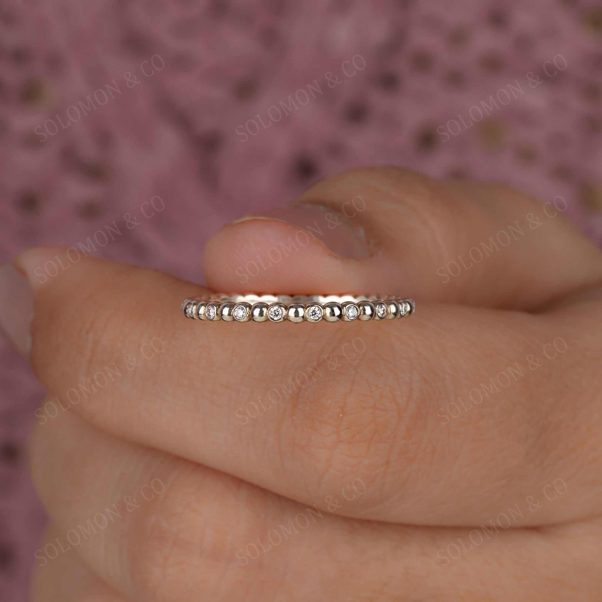 Bezel Round and Beaded Delicate Wedding Ring