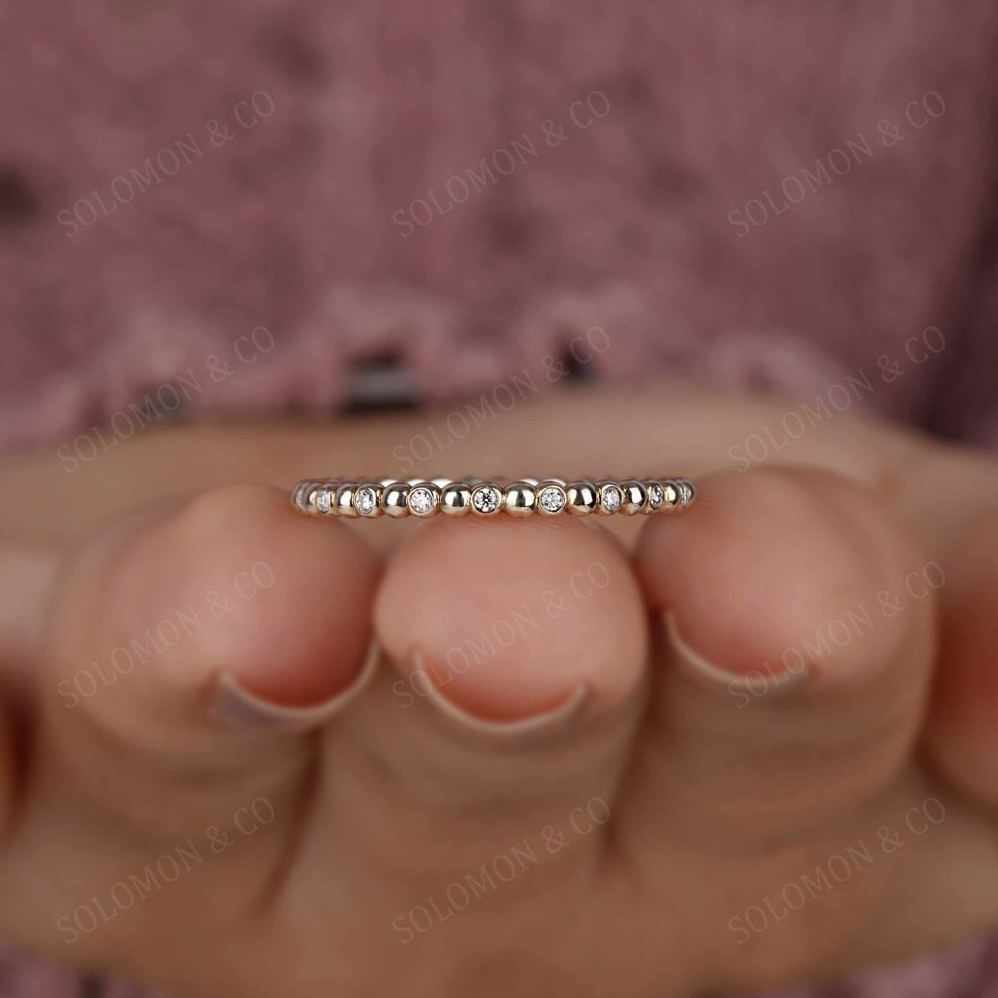 Bezel Round and Beaded Delicate Wedding Ring