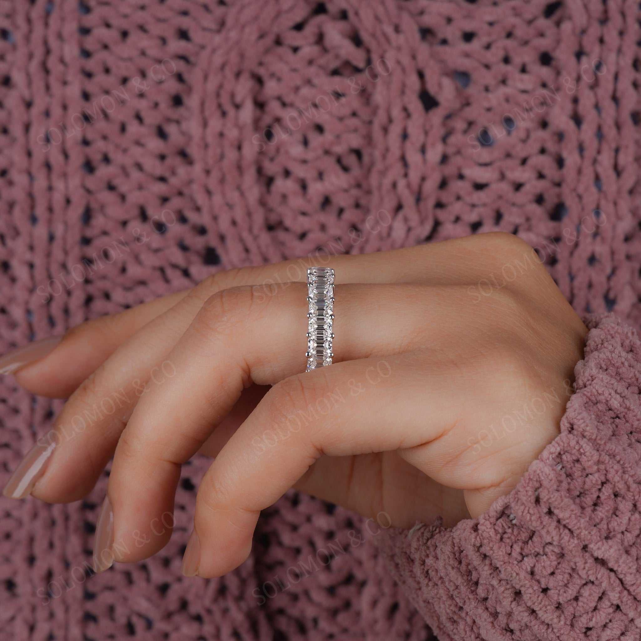 Shared Prong Full Eternity Emerald Cut Moissanite Band