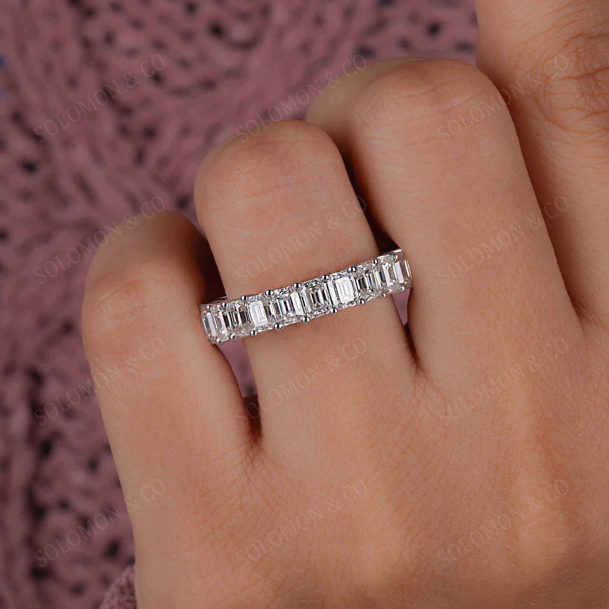 Shared Prong Full Eternity Emerald Cut Moissanite Band