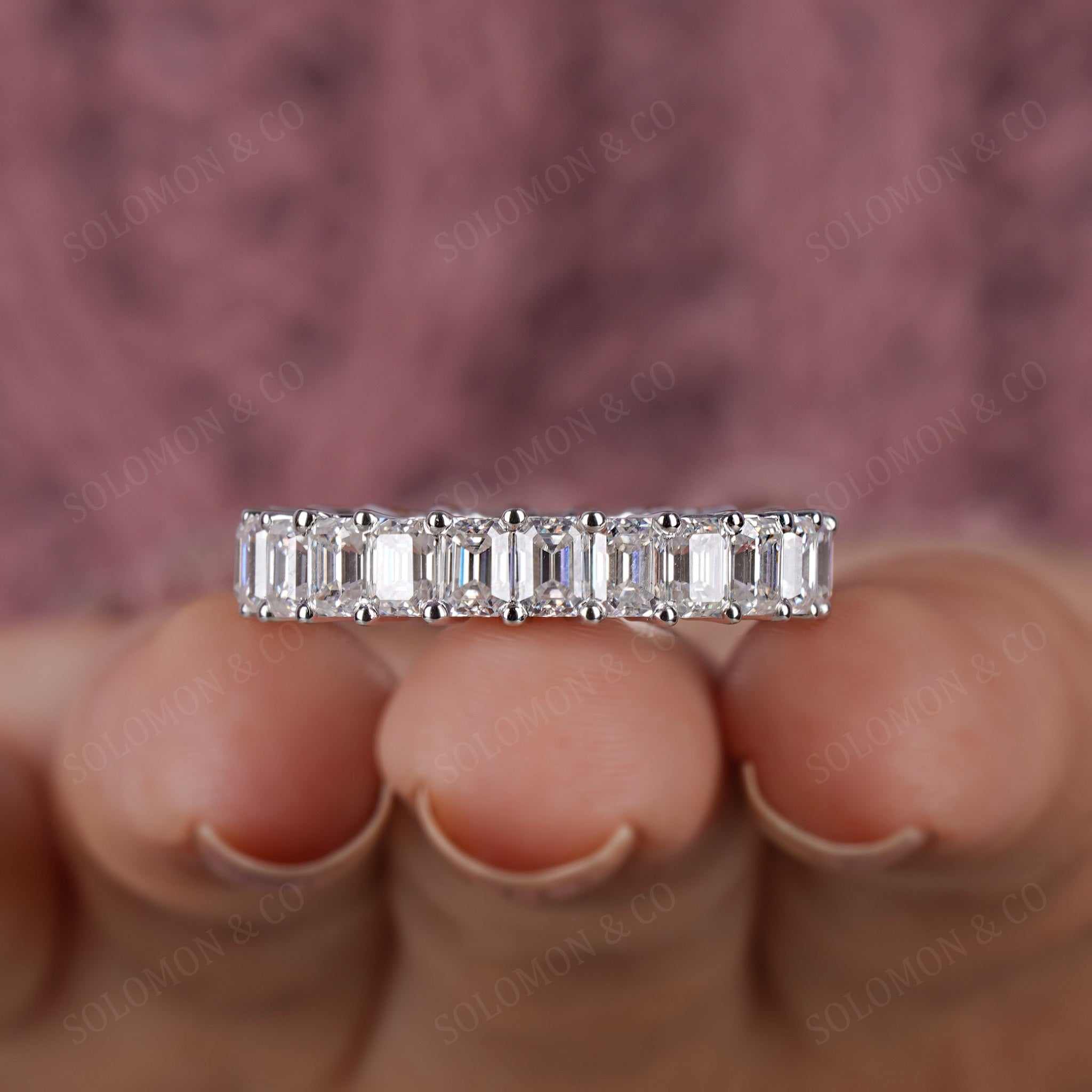 Shared Prong Full Eternity Emerald Cut Moissanite Band