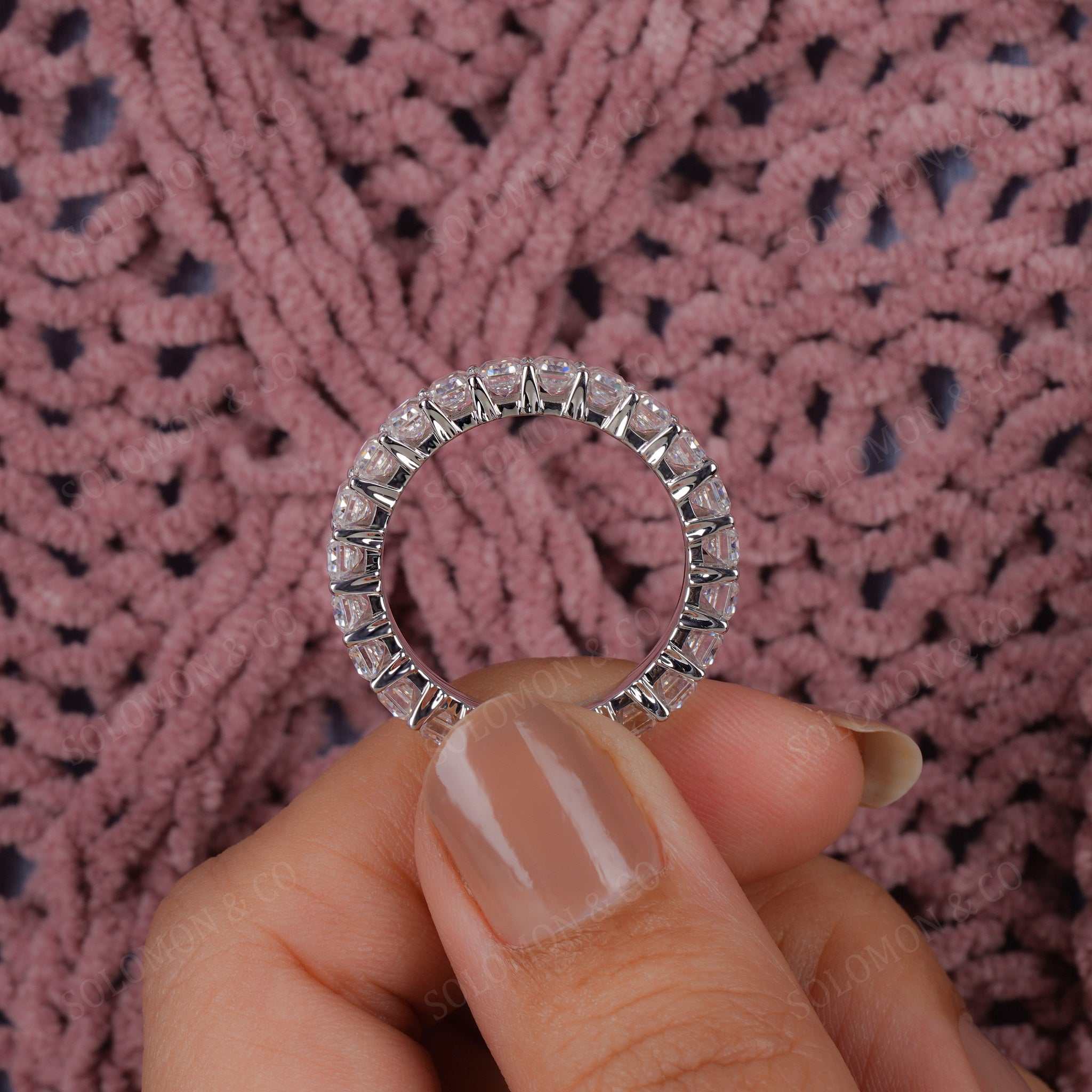 Shared Prong Full Eternity Emerald Cut Moissanite Band