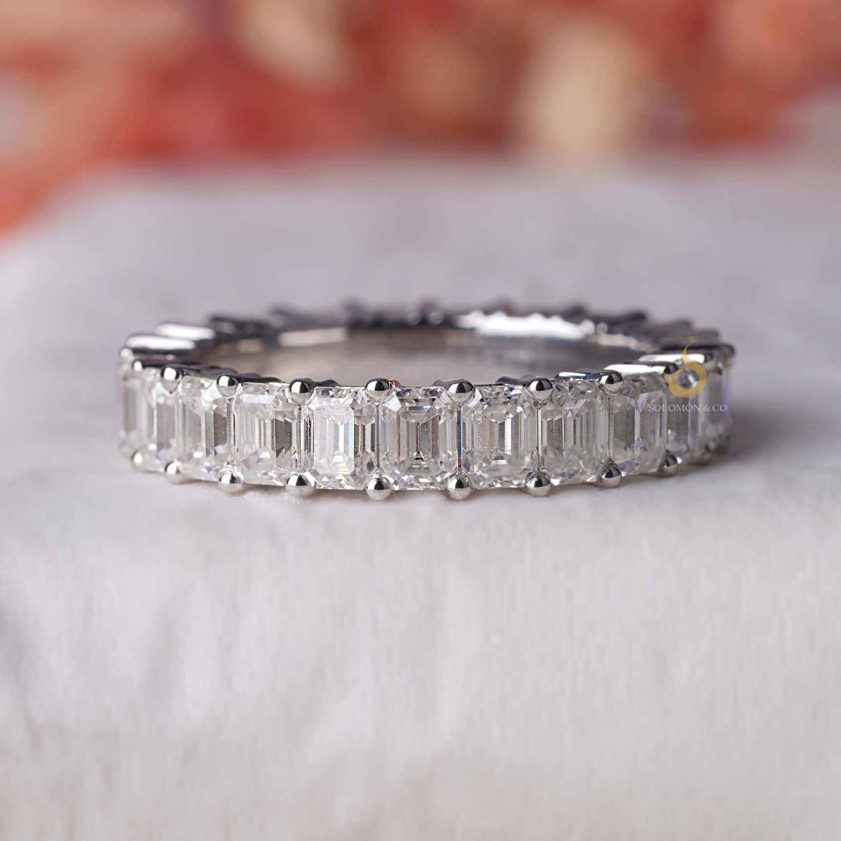 Shared Prong Full Eternity Emerald Cut Moissanite Band