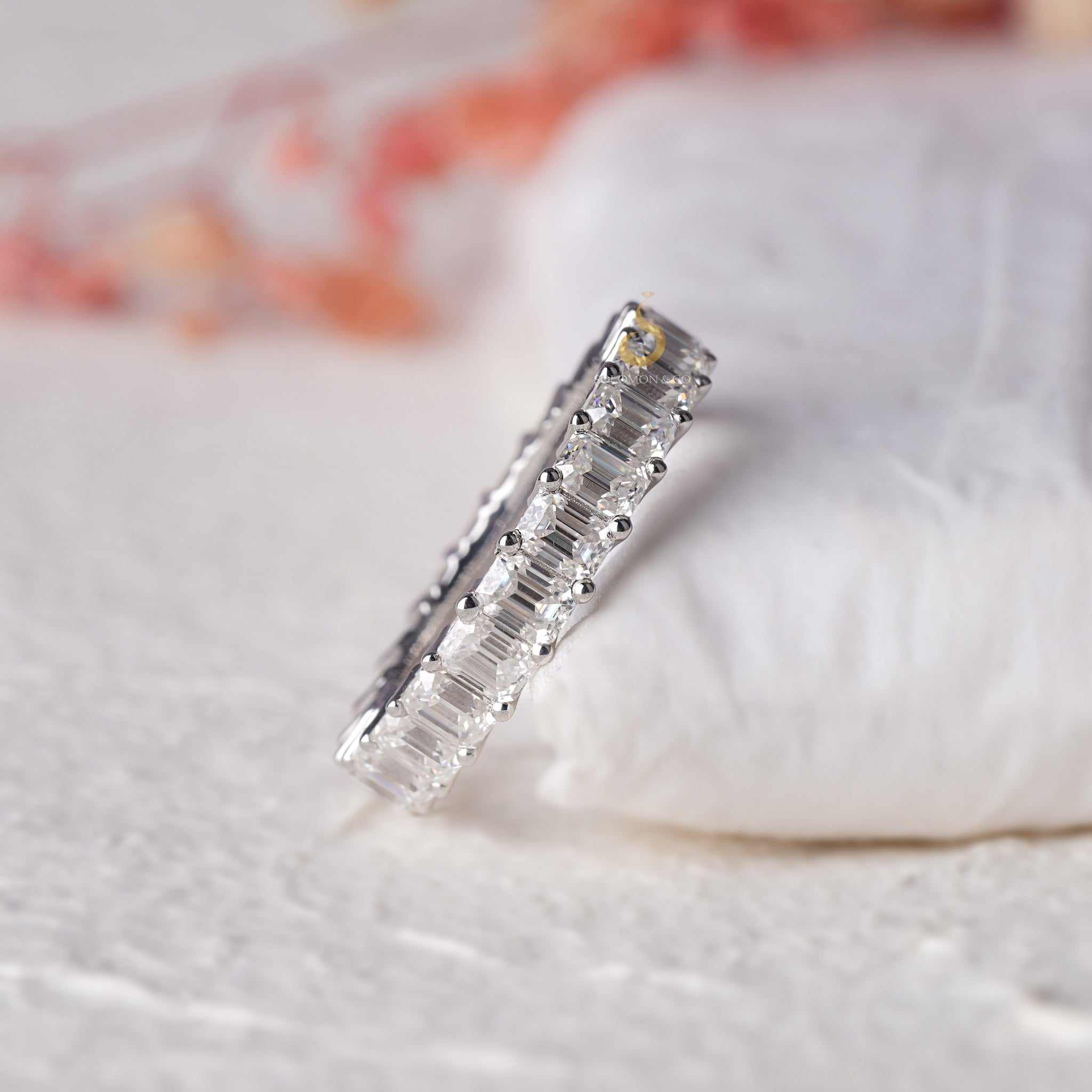 Shared Prong Full Eternity Emerald Cut Moissanite Band