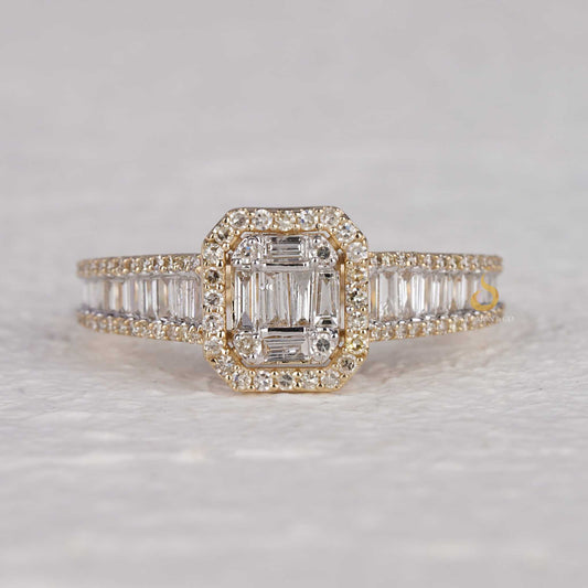 Art Deco Inspired Baguette And Round Cut Diamond Halo Ring