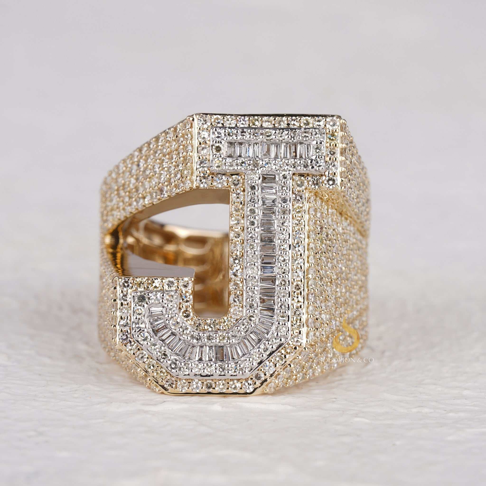Customize J Initial Iced Out Moissanite Ring