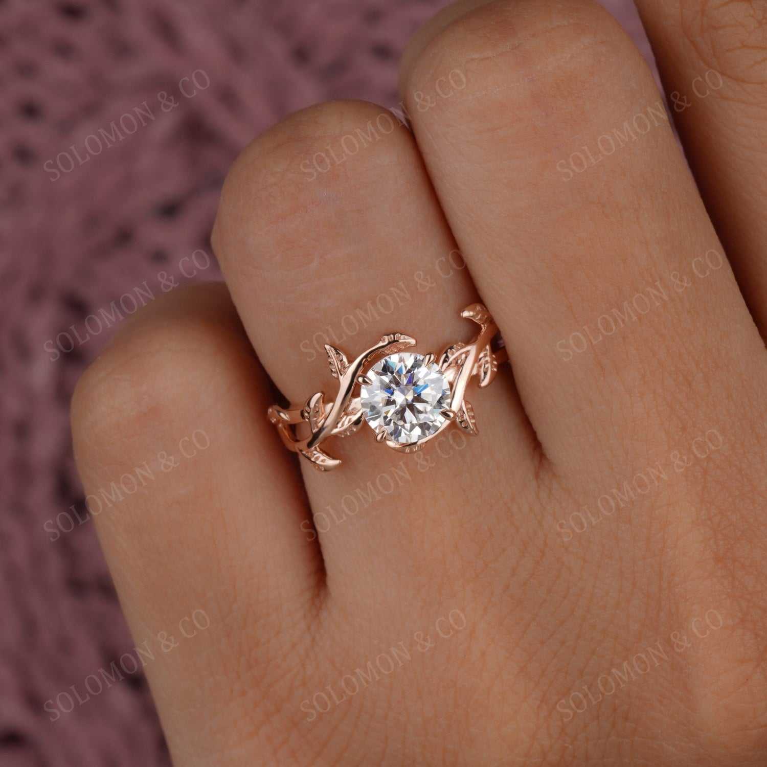 Vintage Round Shape Moissanite Leaf Flower ring Fifth