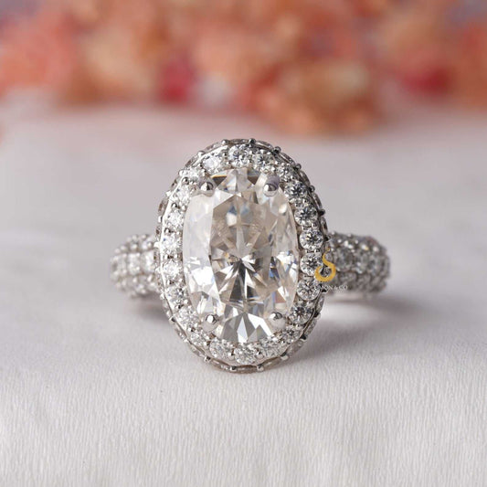 High Profile Oval Secret Halo Moissanite Engagement Ring