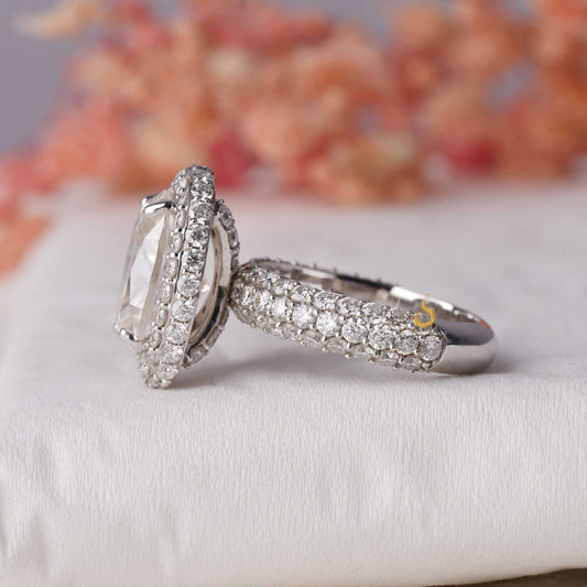 High Profile Oval Secret Halo Moissanite Engagement Ring