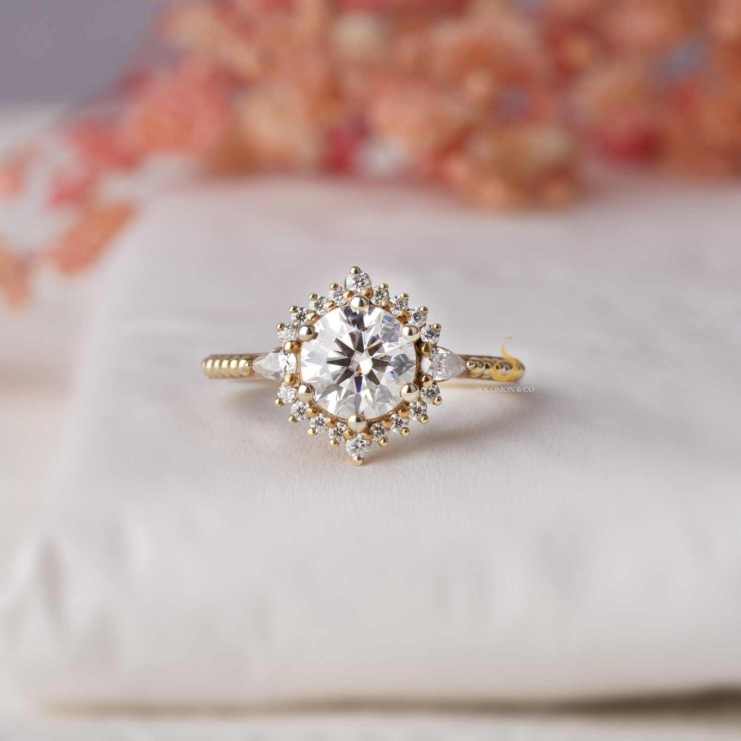 Vintage Art Deco Round and Pear Shape Moissanite Engagement Ring First