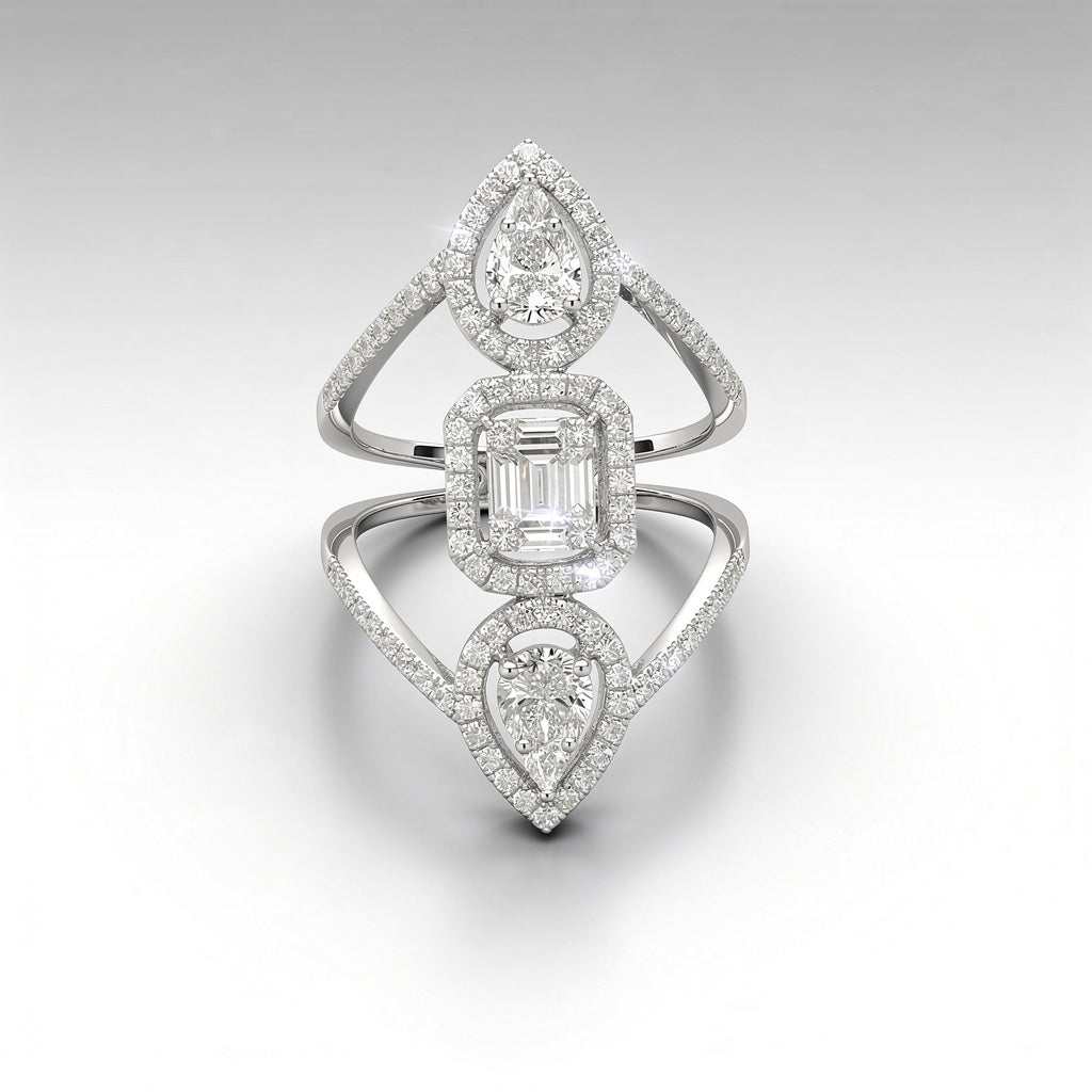 Pear & Emerald-Shaped Diamond Elongated Statement Ring | 18K Gold