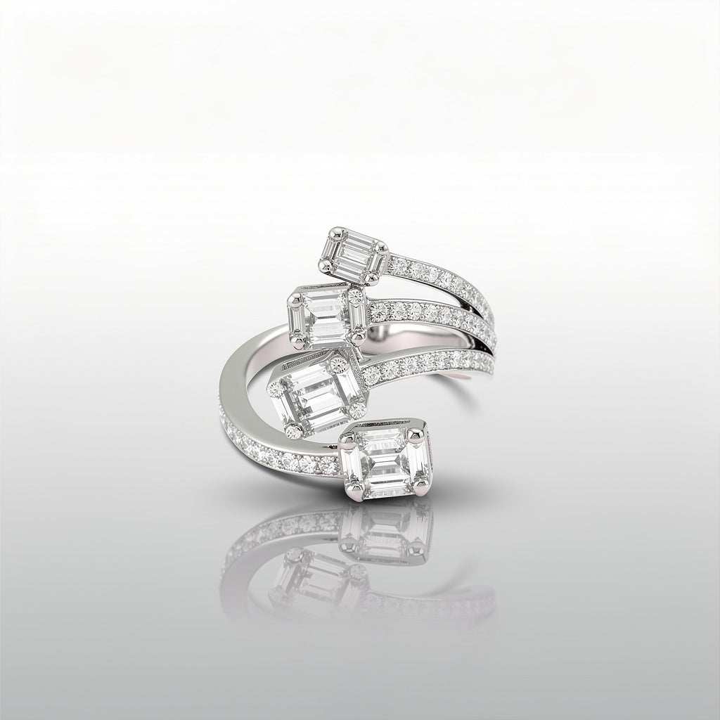 Baguette Diamond Four-Cluster Bypass Ring | 18K Gold