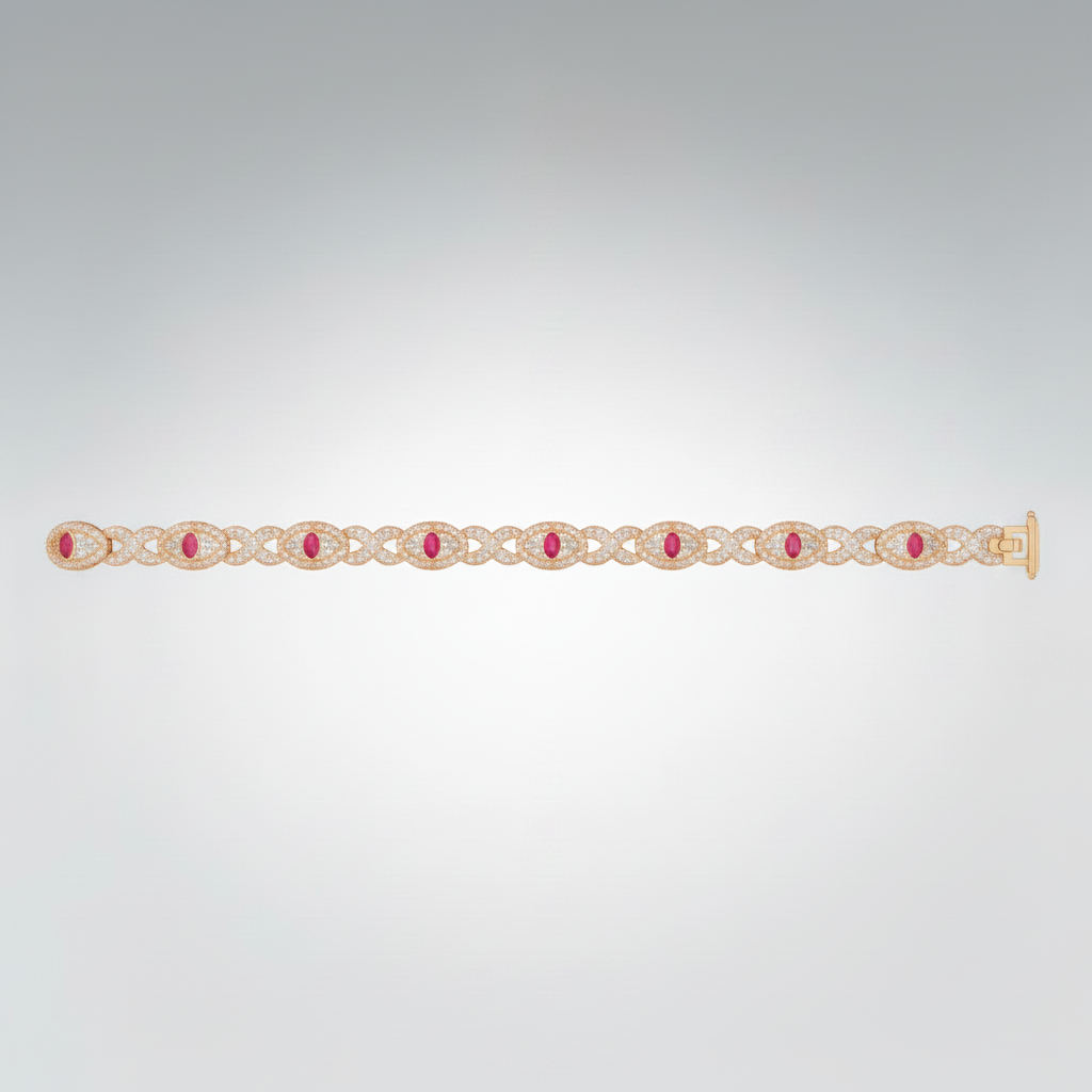 Natural Ruby & Diamond Marquise-Link Bracelet | 10K Gold