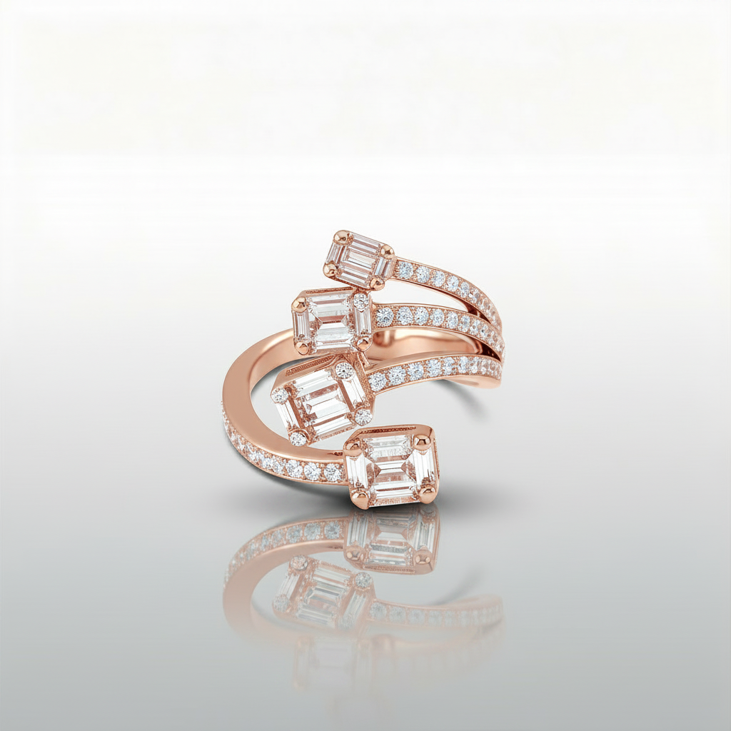 Baguette Diamond Four-Cluster Bypass Ring | 18K Gold