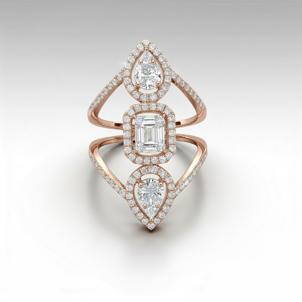 Pear & Emerald-Shaped Diamond Elongated Statement Ring | 18K Gold