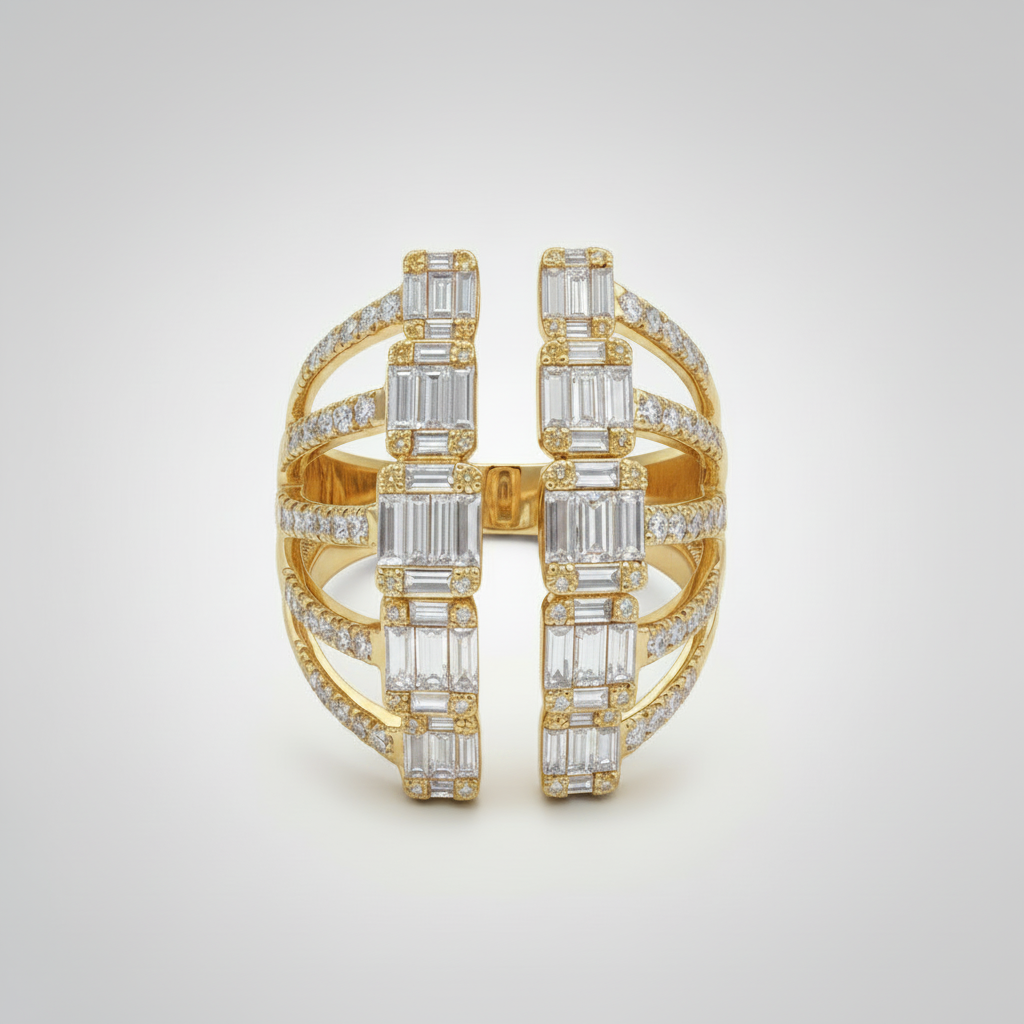 Diamond Baguette Open-Front Cocktail Ring | 18K Gold