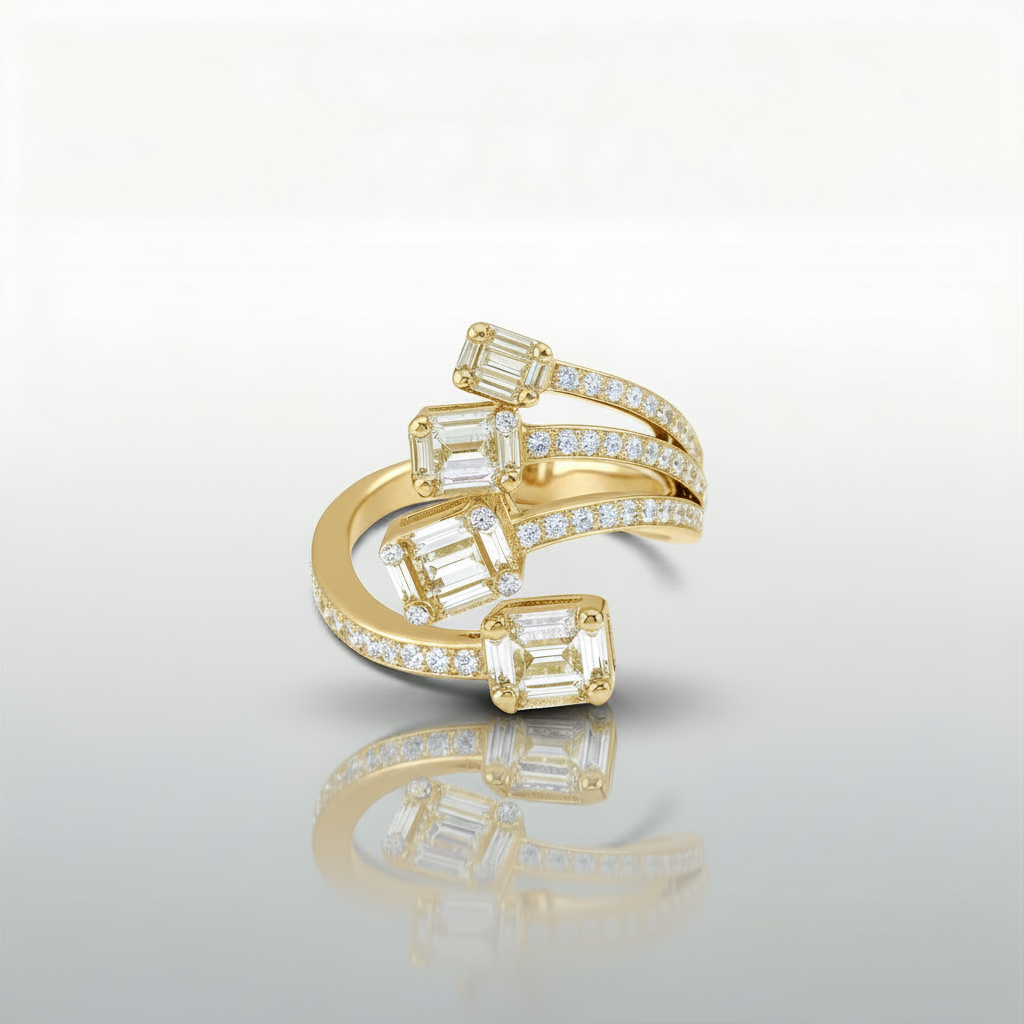 Baguette Diamond Four-Cluster Bypass Ring | 18K Gold